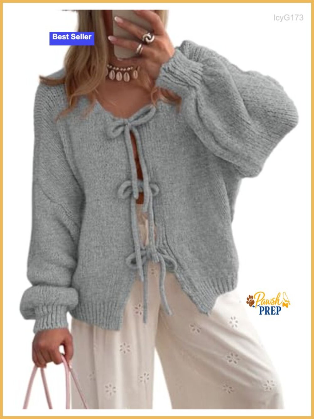 Chunky Cable Knit Tie Front Bow Cardigan, Oversized Puff Sleeve Open Front